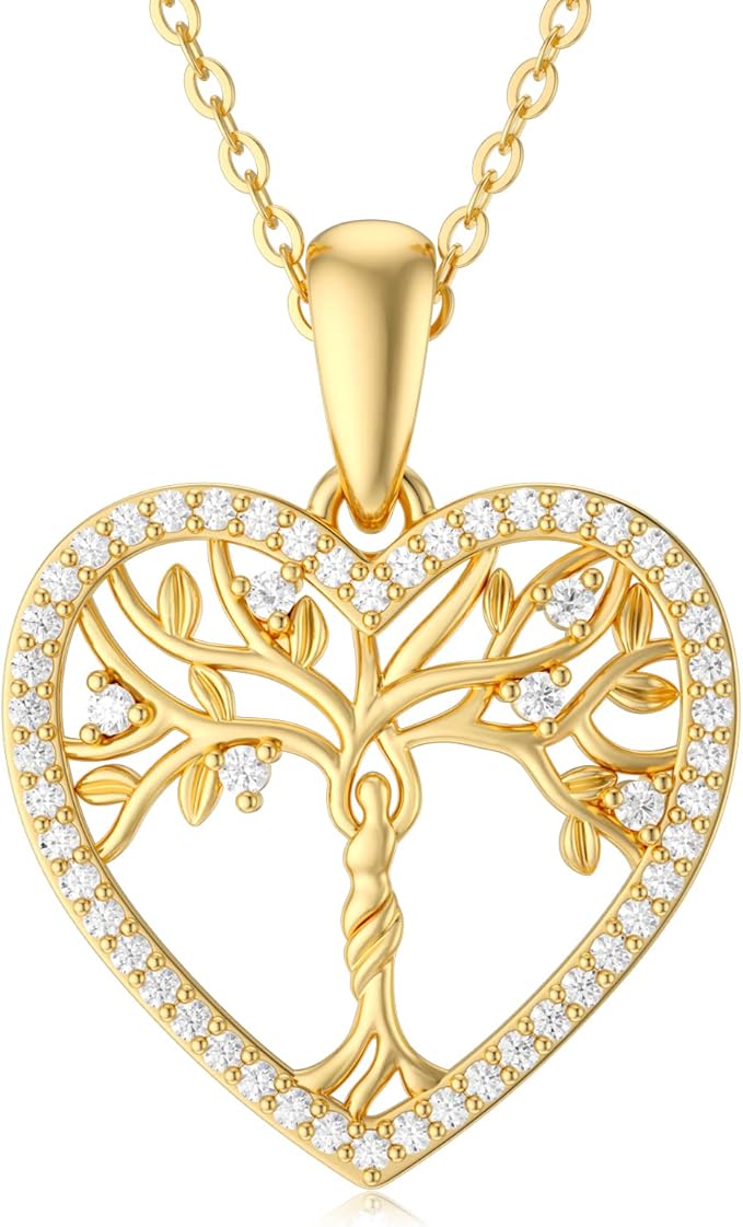 14k 黄金母亲和儿童项链生命树家族树吊坠项链珠宝与莫桑石礼物女士